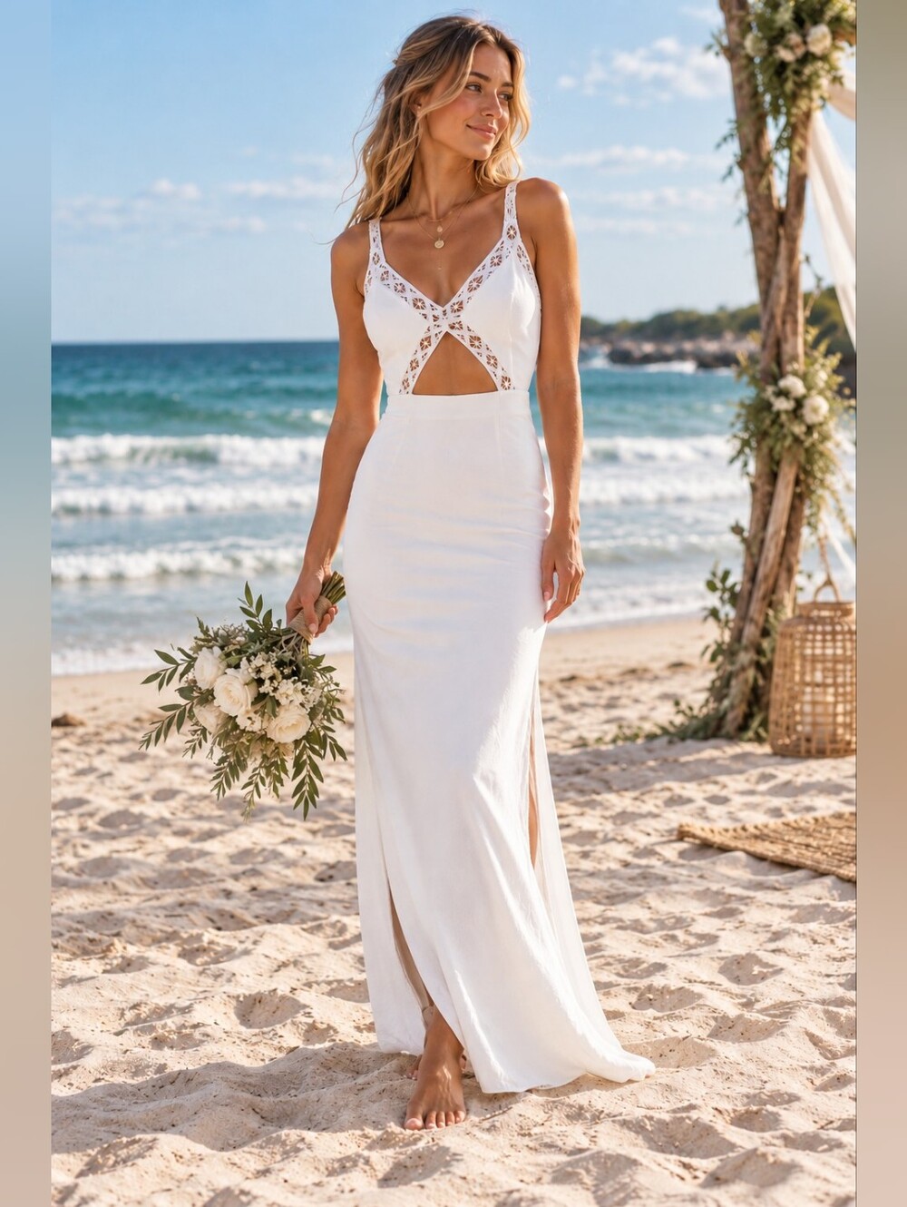 SABO Skirt Formal White Crochet Cutout Side Slit Maxi Dress Party Women's XS NWT